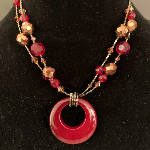 Lia Sophia Red and Gold Necklace with Striking Glass Circle Pendant - Picture 5 of 5